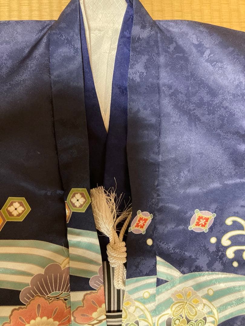 ［美品］七五三 男の子5歳　羽織袴セット　青地　鷹　宝船　縞袴