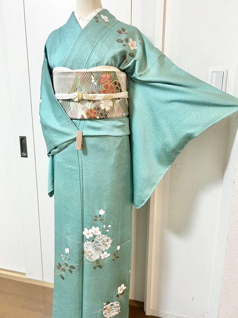 美品　裄丈長め　しつけ糸付き　正絹訪問着　フルセット4点　入学式　お宮参り