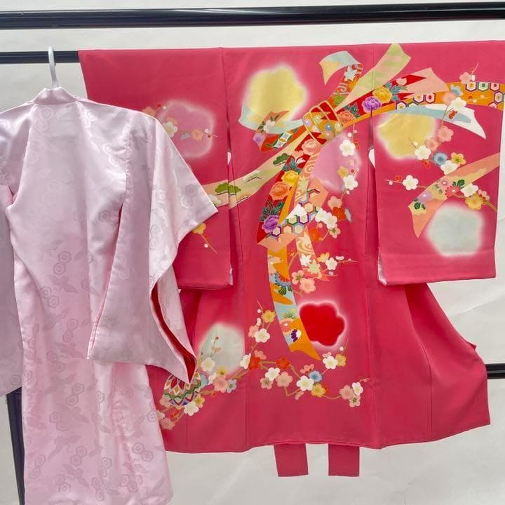 213 お宮参り 七五三 かけ着 着物 子供 一つ身 ピンク 正絹 熨斗目 梅