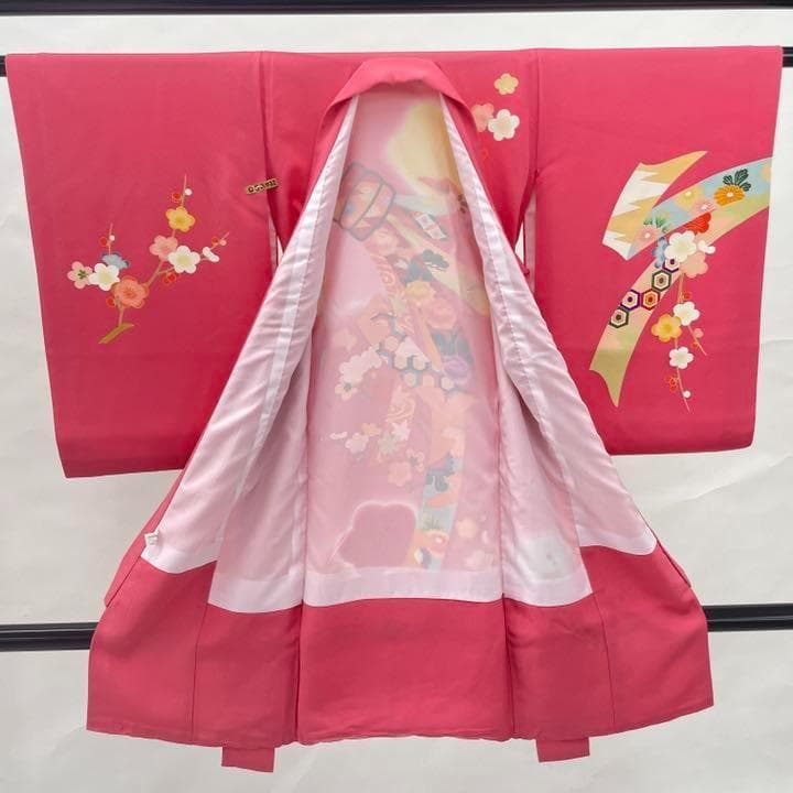 213 お宮参り 七五三 かけ着 着物 子供 一つ身 ピンク 正絹 熨斗目 梅