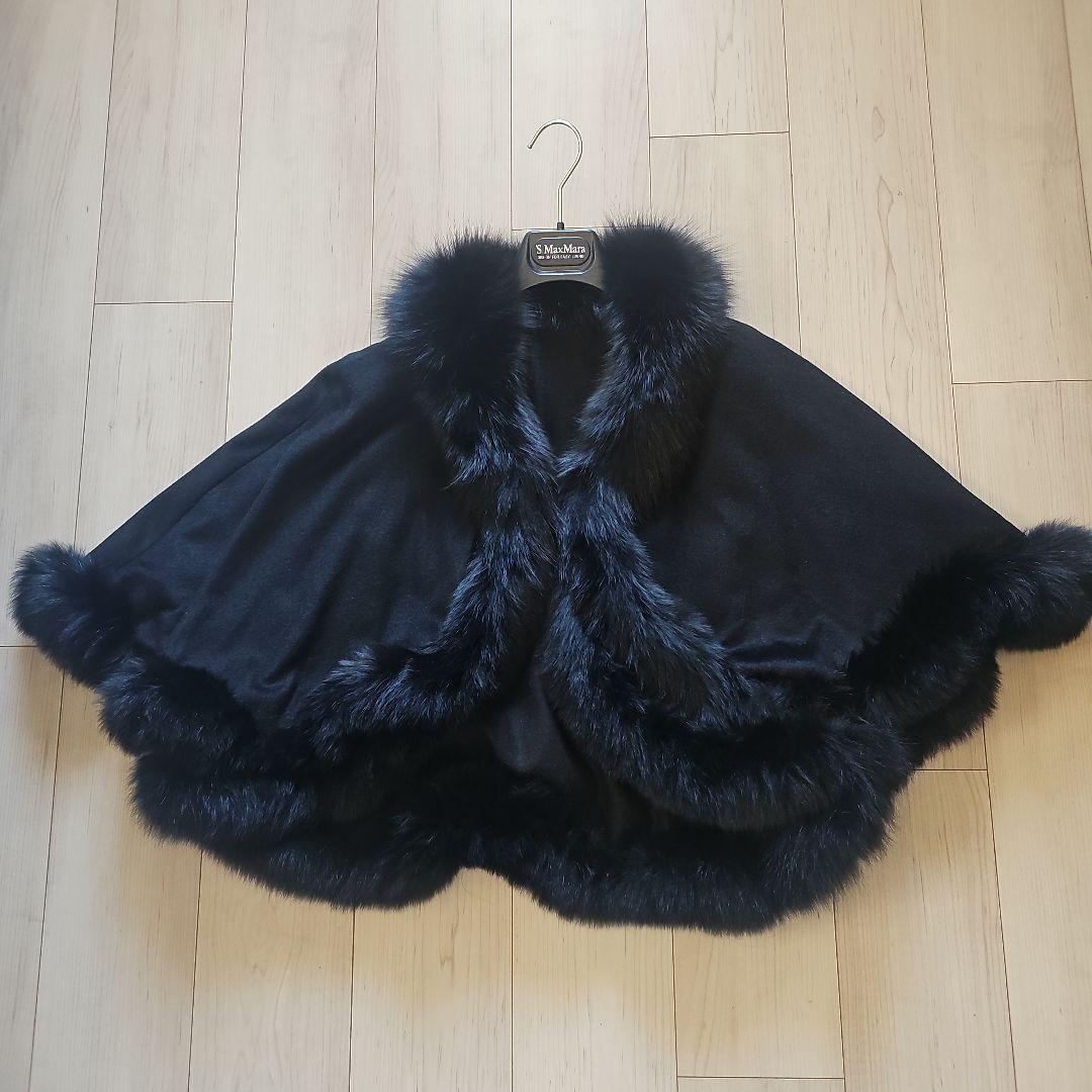 【美品】カシミヤ×フォックスファー　ポンチョ　サイズ M ブラック　美フォルム