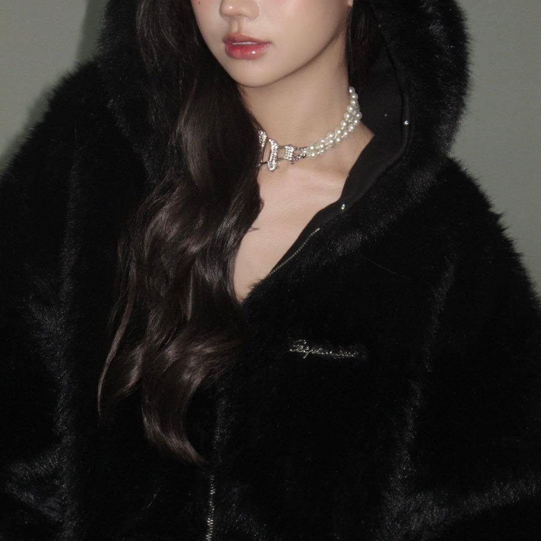 トップス ANDWANG Kirakira 2way fur zip up BLACK