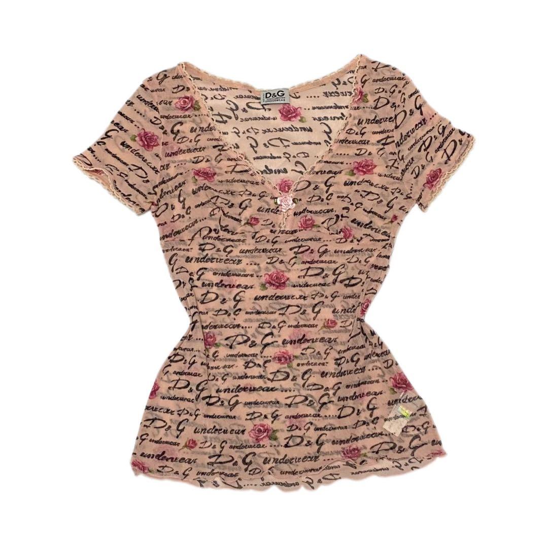 D&G 花柄　ローズ　ロゴ　シアー　tシャツ　バラ　ピンク　ヴィンテージ