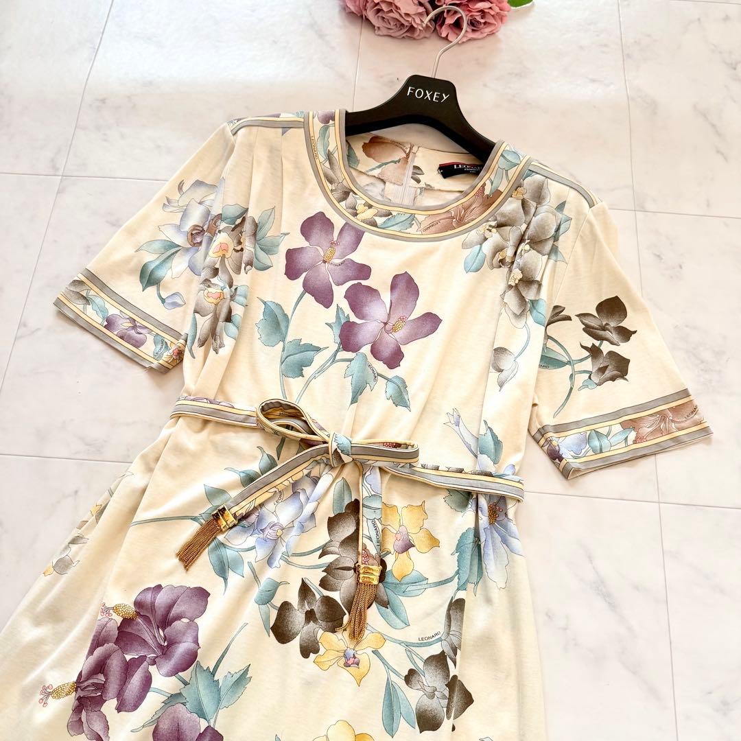 美品★レオナール ロングワンピース ベルト付き 花柄 トリム コットン L
