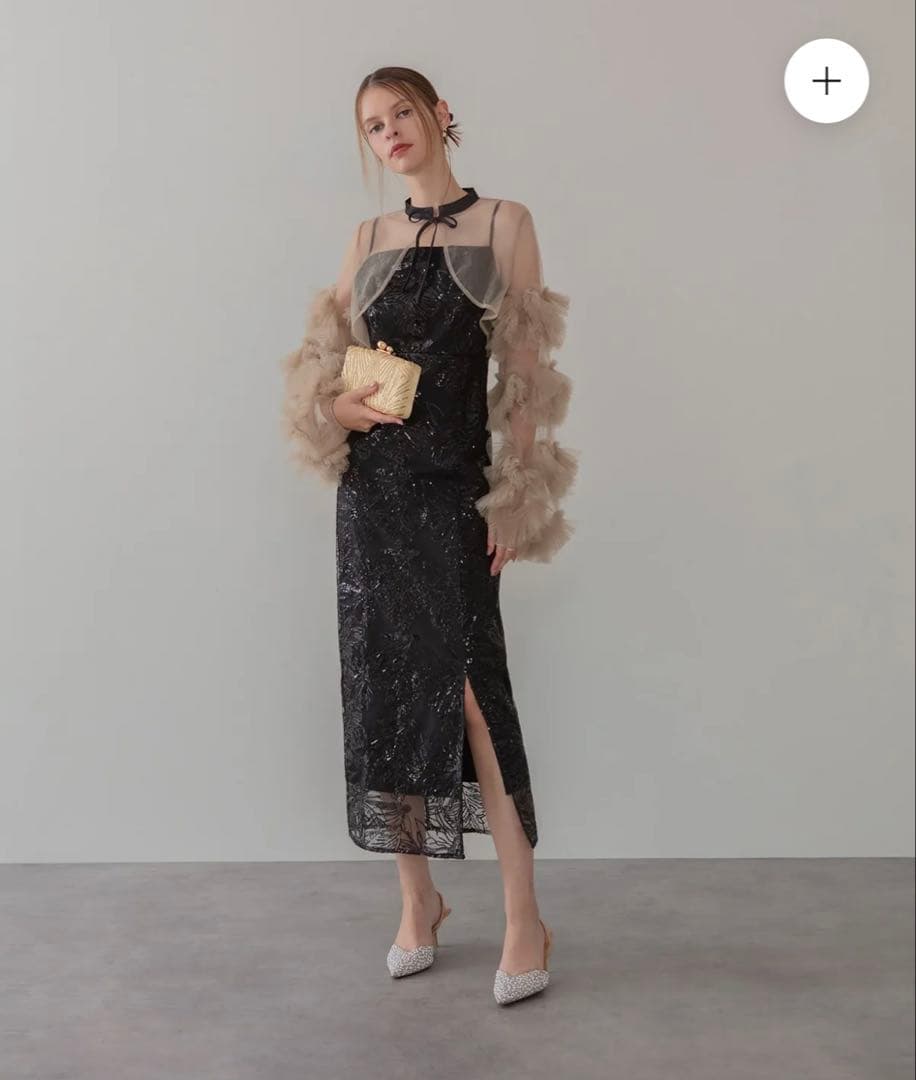 フリルチュールスリーブリボンIラインワンピースドレス