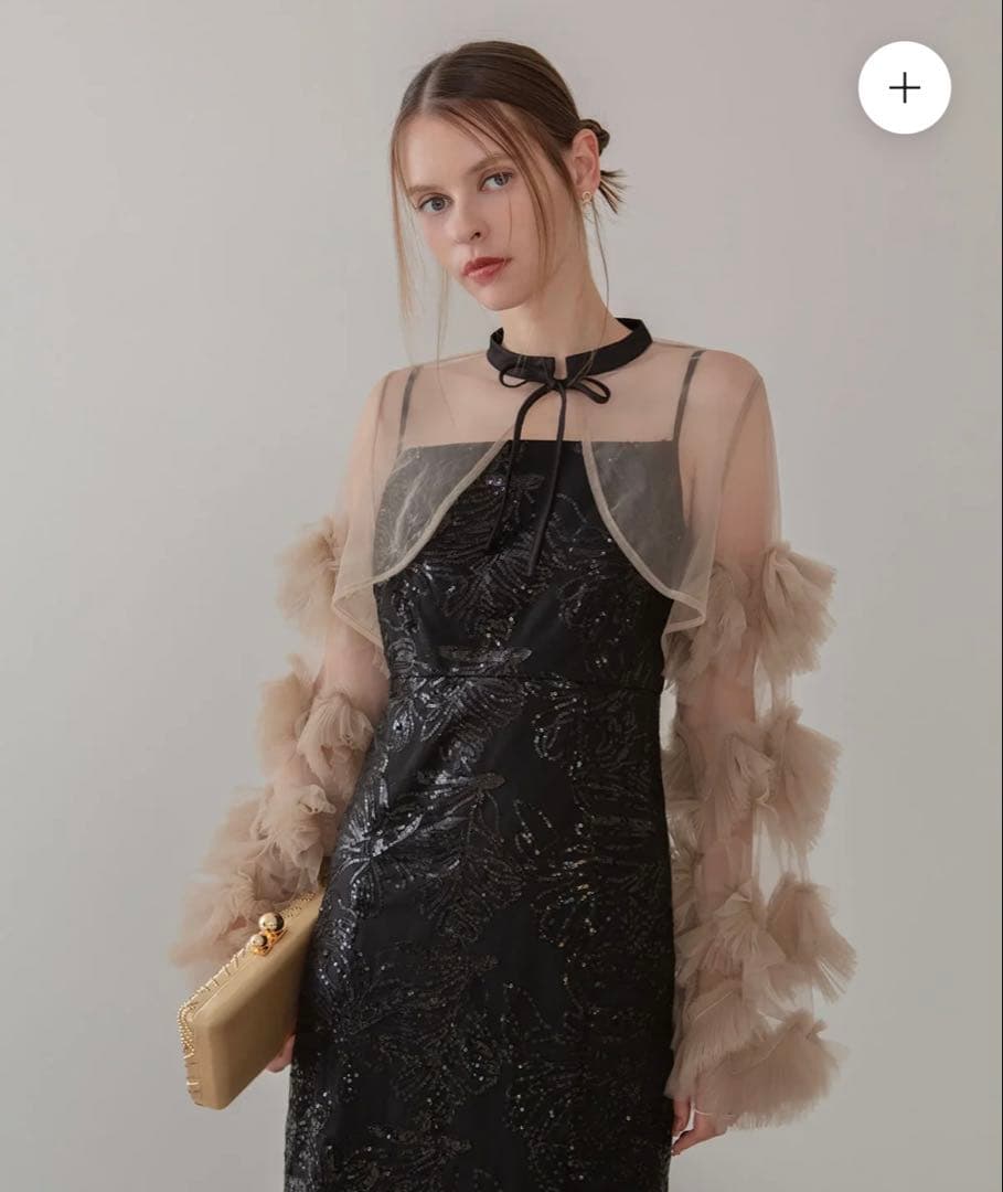 フリルチュールスリーブリボンIラインワンピースドレス