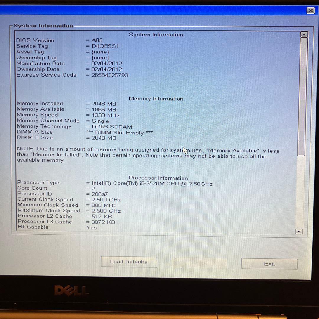 DELL ノートPC CPU corei5-2520M@2.5GHz OS無し