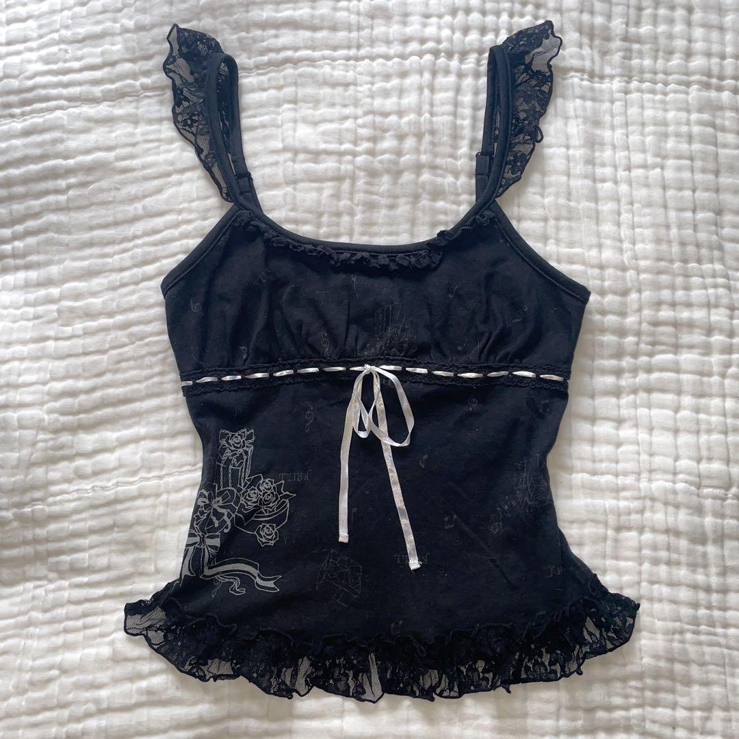 00s 希少 h.naoto FRILL はしごりぼんプリントフリルキャミ