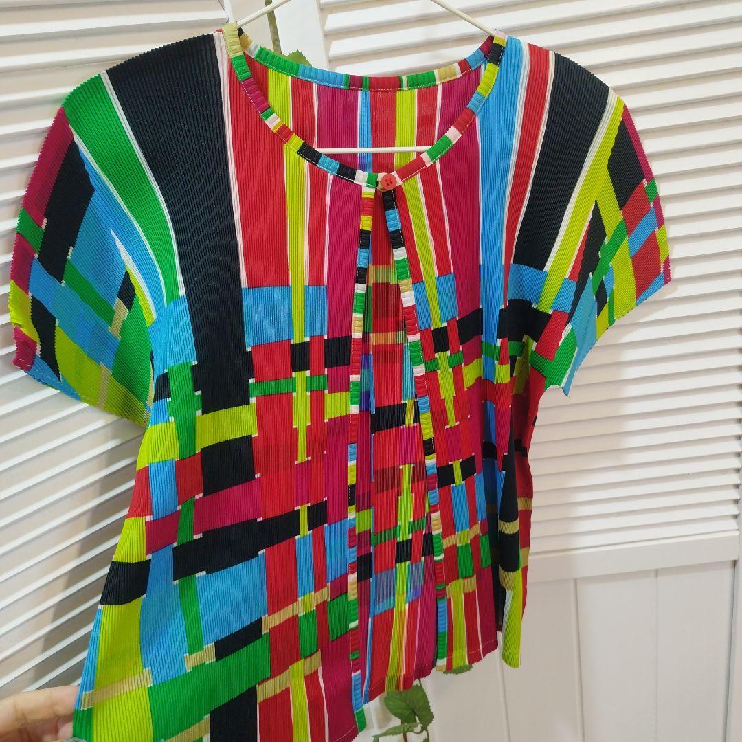 【美品】イッセイミヤケ　プリーツプリーズ　カラフルストライプ半袖トップス