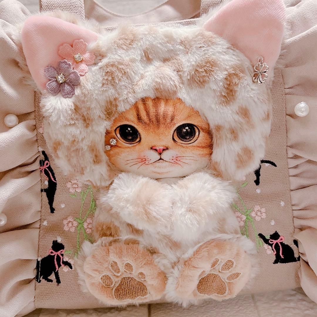 フリルトートバッグ コヤンイサムチョン ヒョウ柄 猫 ひょっこり猫ちゃん 刺繍