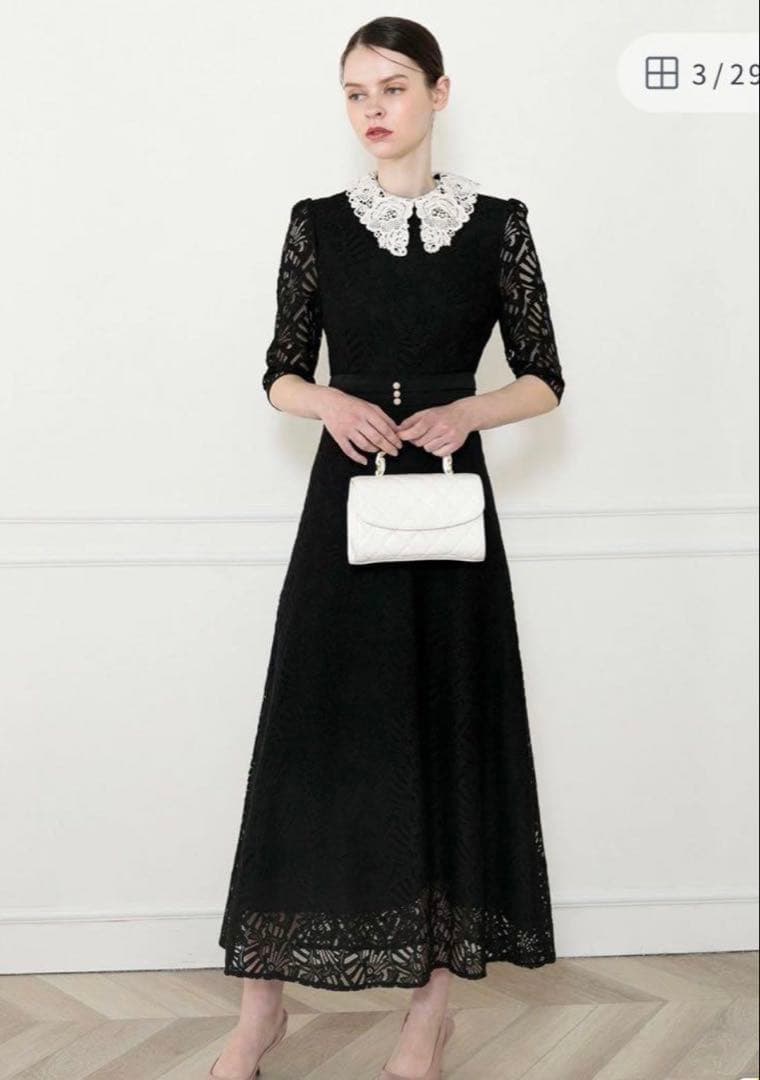 Leja レースビッグカラー花柄ワンピースドレス　オケージョンドレス　Ｓサイズ