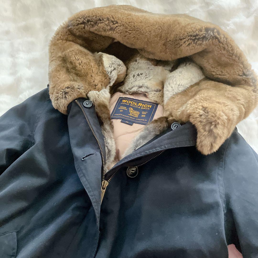 WOOLRICH 紺ネイビーラビットファー中綿ライナーモッズコート正規品XS