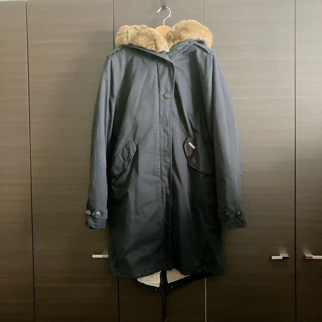 WOOLRICH 紺ネイビーラビットファー中綿ライナーモッズコート正規品XS