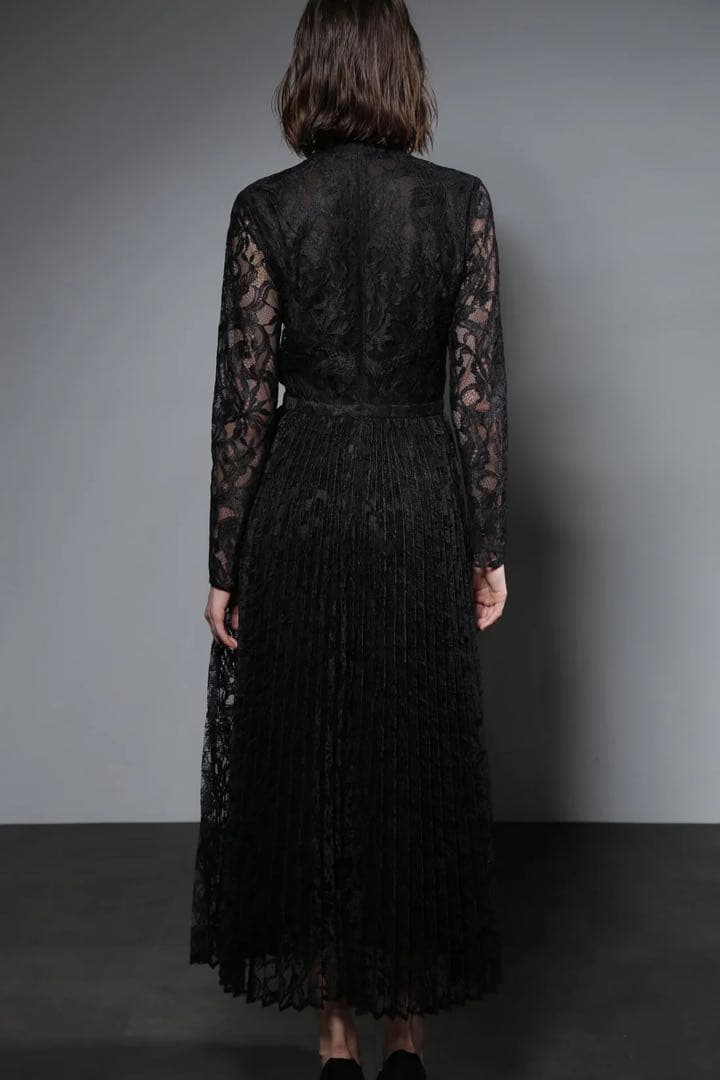 Alunc レースプリーツロングドレス 38黒