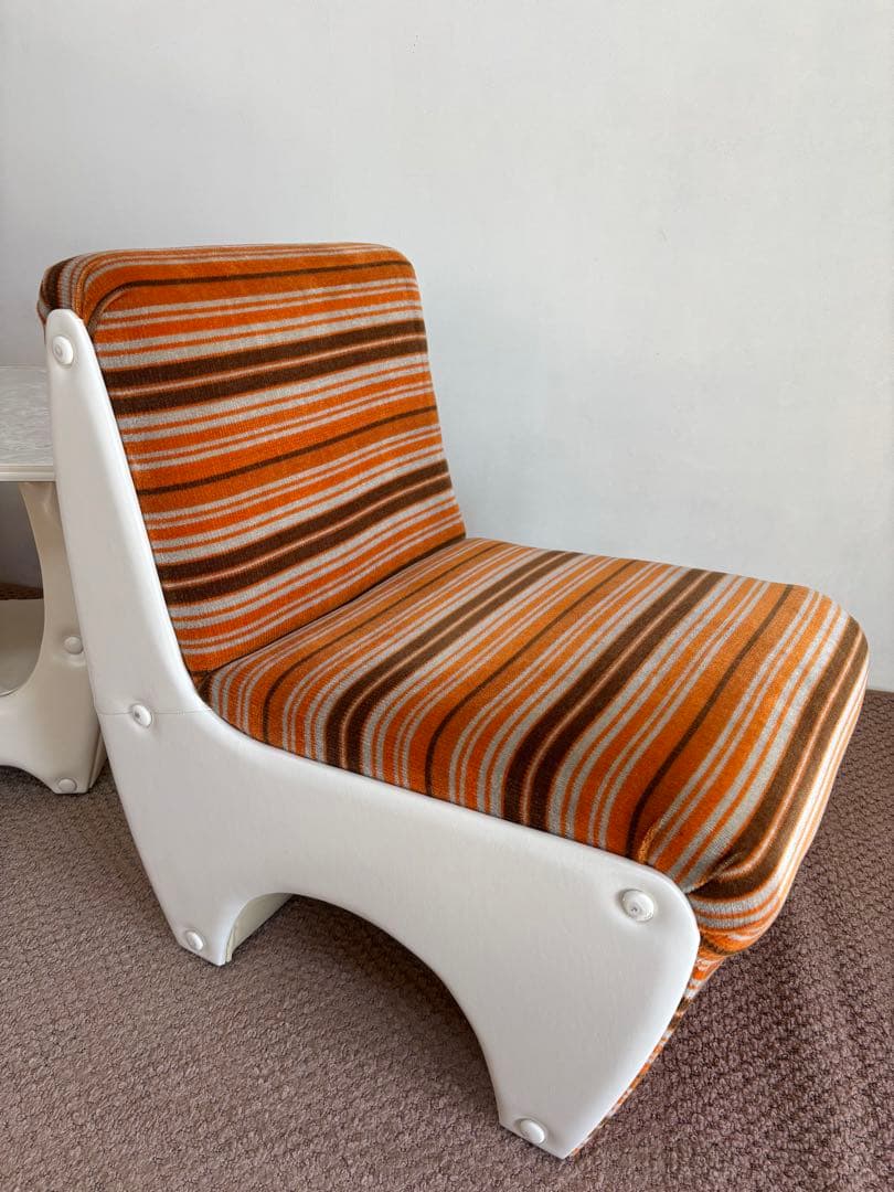 昭和レトロ◼️ミッドセンチュリー 未使用ソファセット 1970年オレンジストライプ