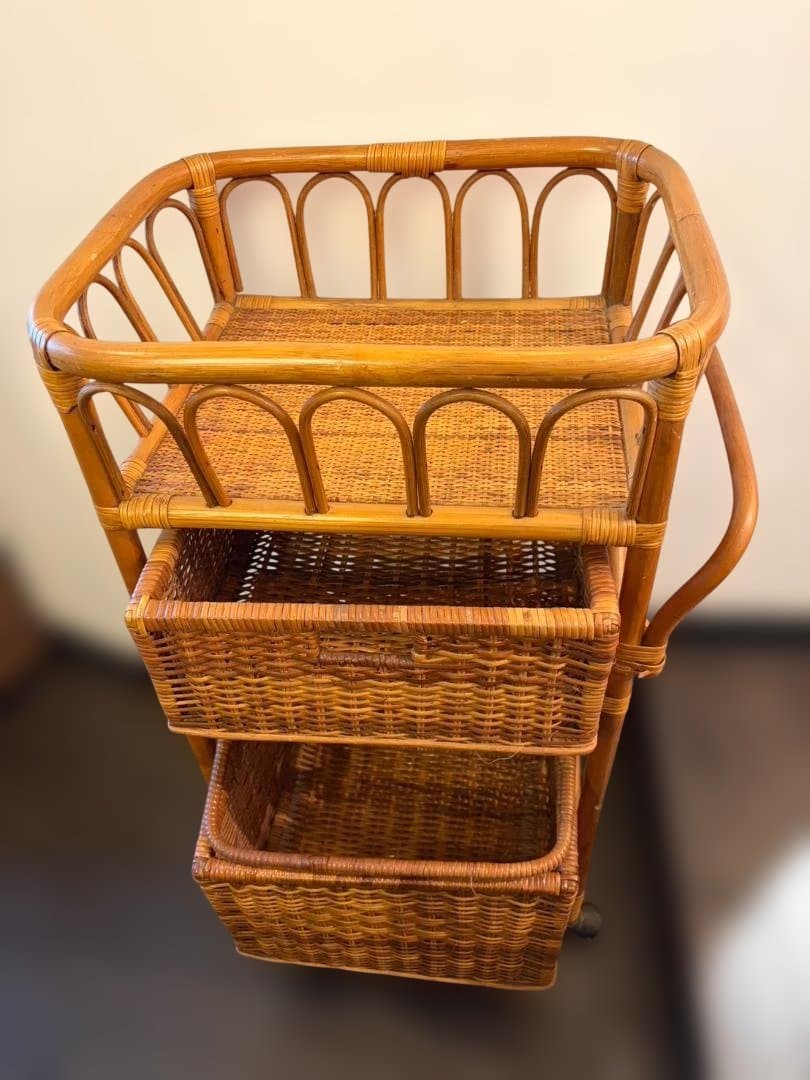 台湾製 ラタン バスケットラック 収納 キャスター付き 3段 ヴィンテージ