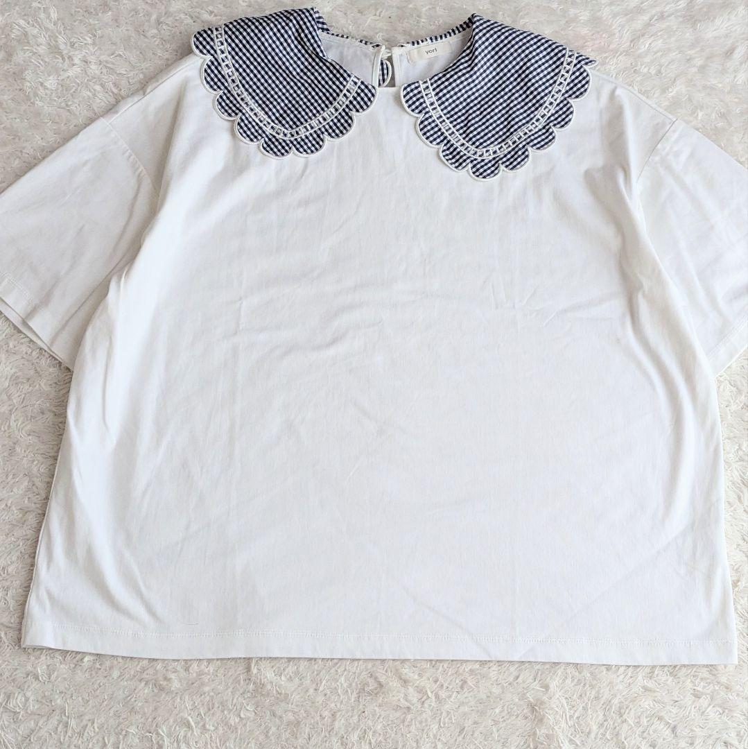 美品◎yori 23SS ギンガムスカラップカラー Tシャツ 洗える F 白 紺