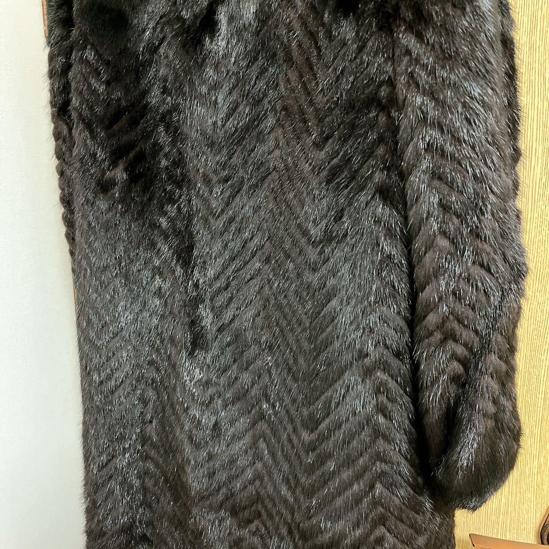 美品★ミンクファーヘリンボーンデザインロングコートマキシ丈 13号