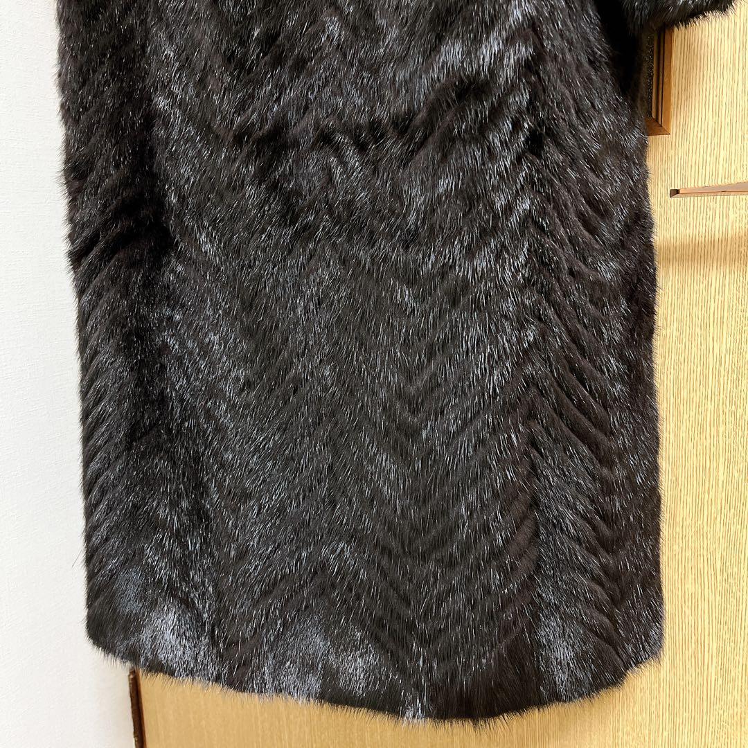 美品★ミンクファーヘリンボーンデザインロングコートマキシ丈 13号