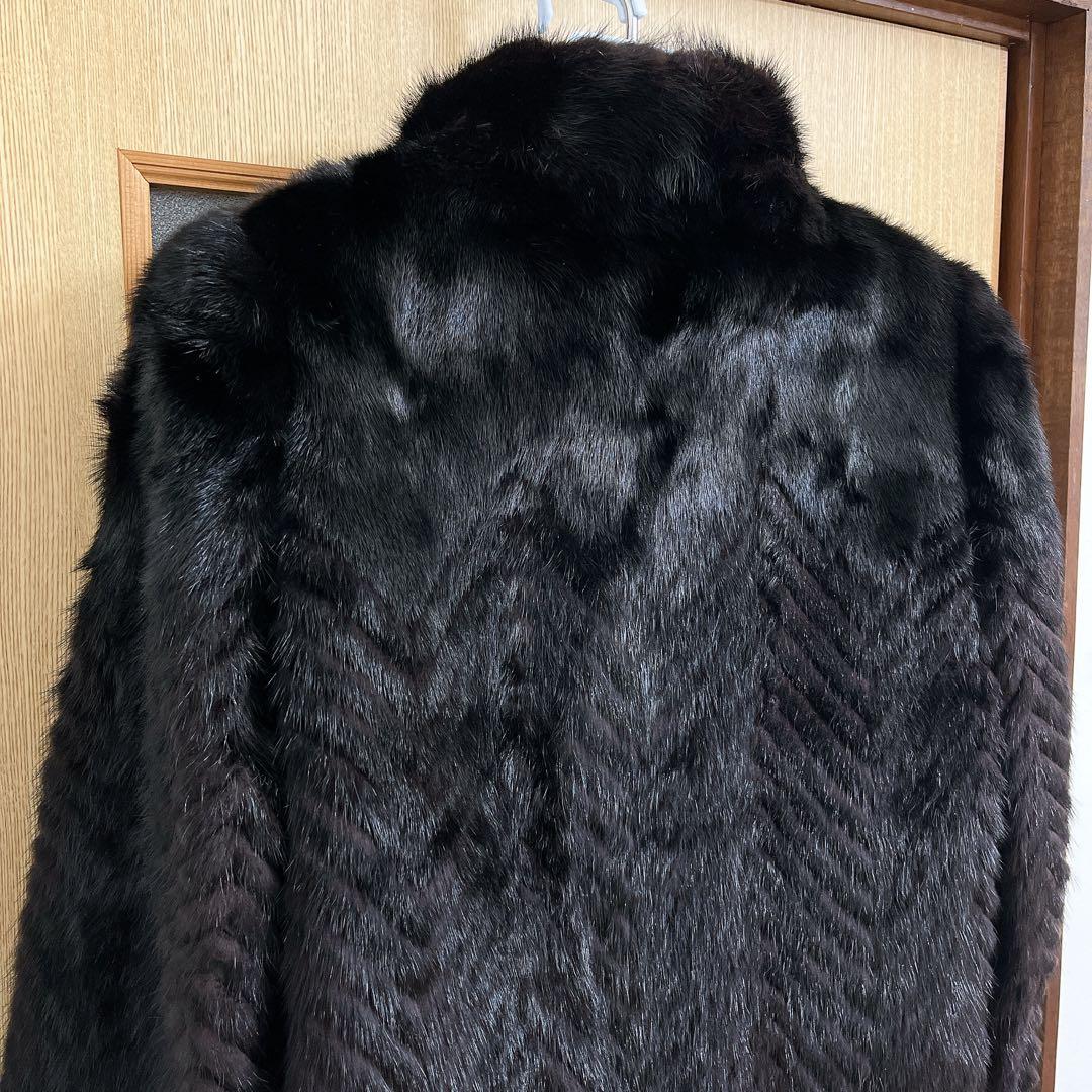 美品★ミンクファーヘリンボーンデザインロングコートマキシ丈 13号