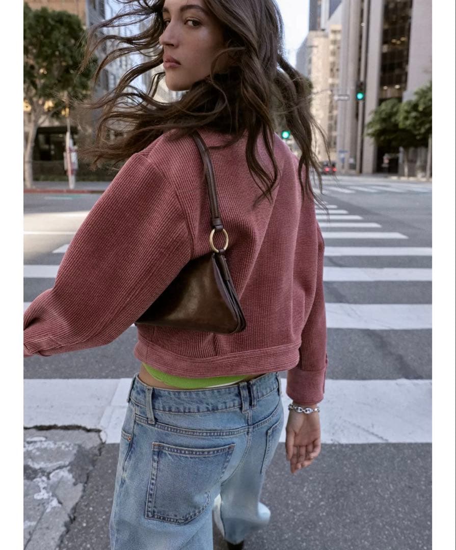 タグ付き新品★ZARAのコーデュロイフェイクレザー襟ジャケット★S★マルサラ色