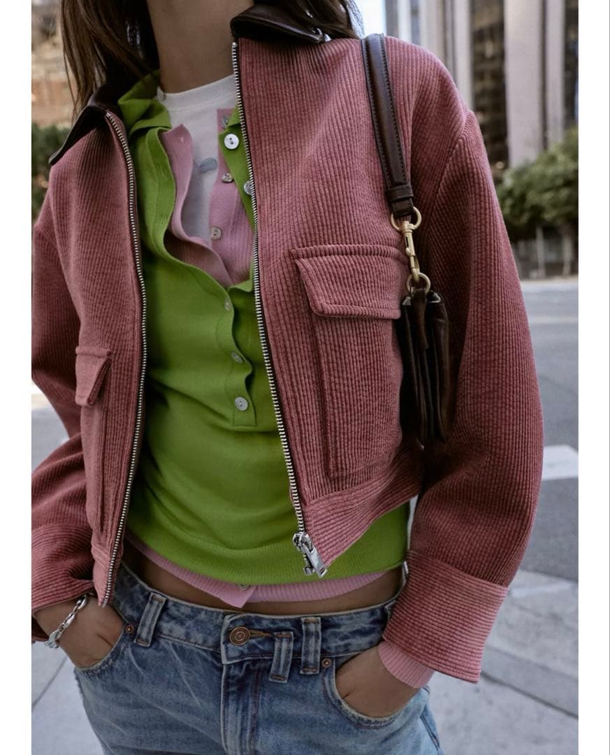 タグ付き新品★ZARAのコーデュロイフェイクレザー襟ジャケット★S★マルサラ色