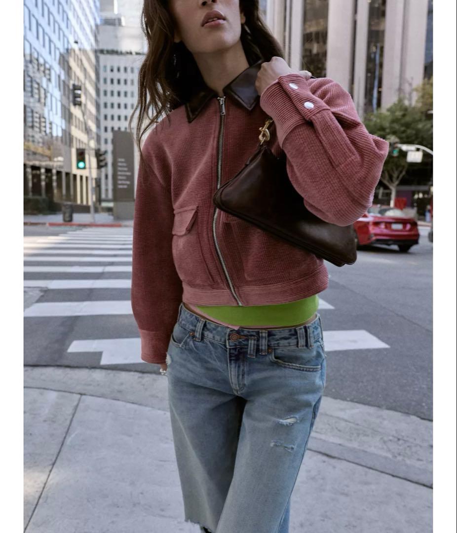 タグ付き新品★ZARAのコーデュロイフェイクレザー襟ジャケット★S★マルサラ色