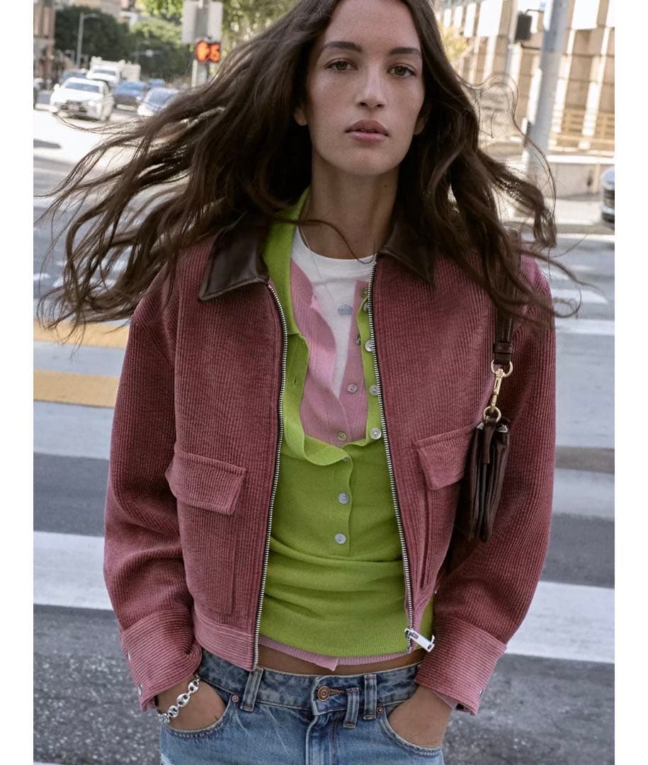 タグ付き新品★ZARAのコーデュロイフェイクレザー襟ジャケット★S★マルサラ色