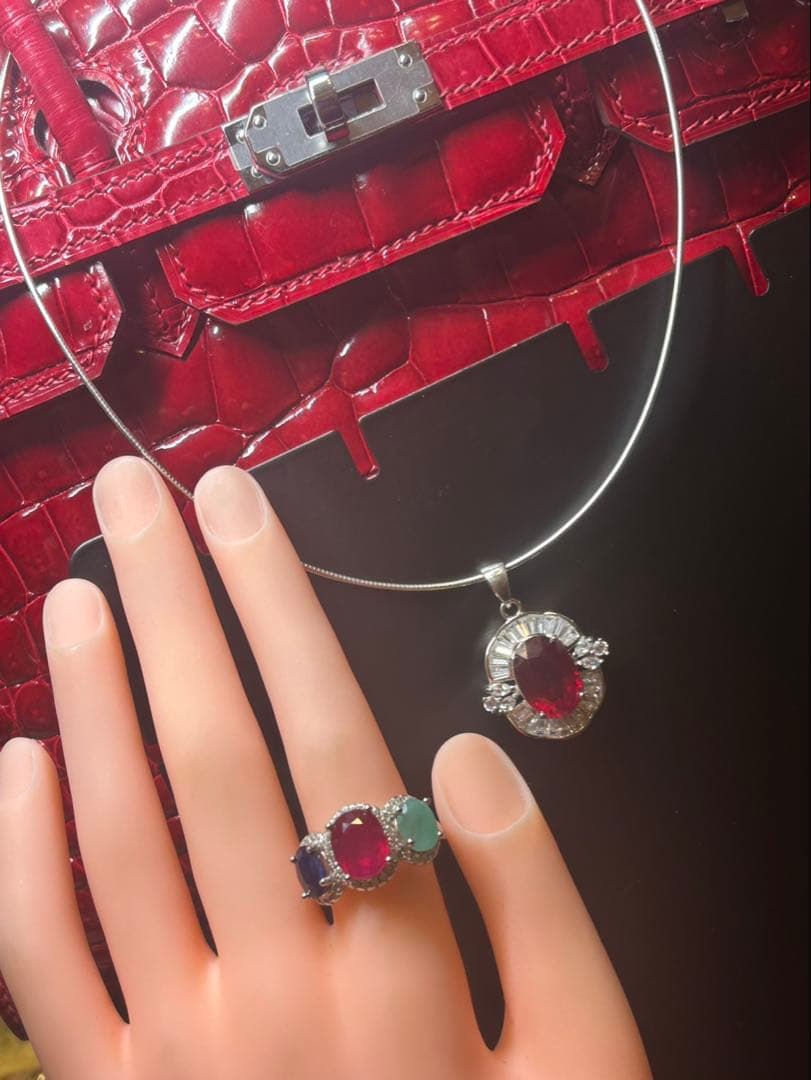 t*a様 天然ルビーサファイアエメラルドリング＆ネックレスセット　サイズ限定16