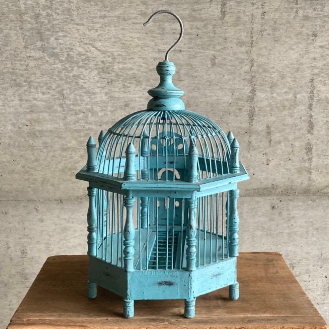 鳥籠 バードゲージ カゴ 小鳥 置物 吊り下げ 水色 青 シャビー レトロ