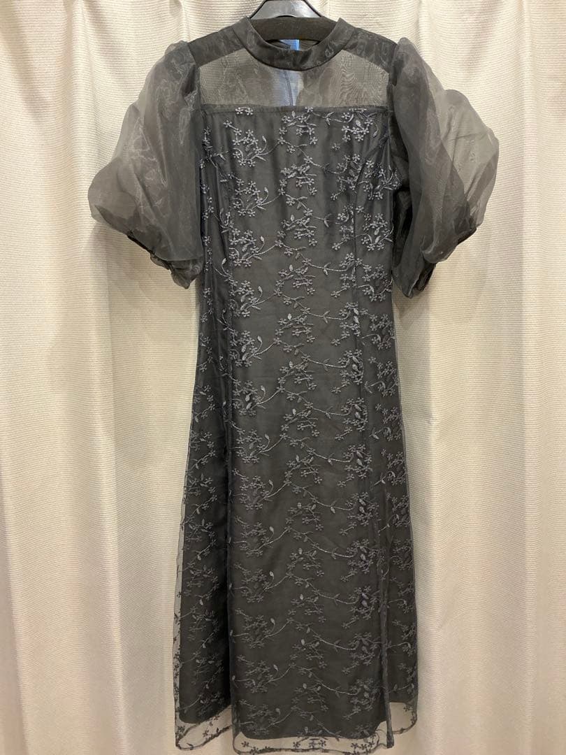 niana オーガンジーパフスリーブ刺繍レースドレス　M ダークグレー