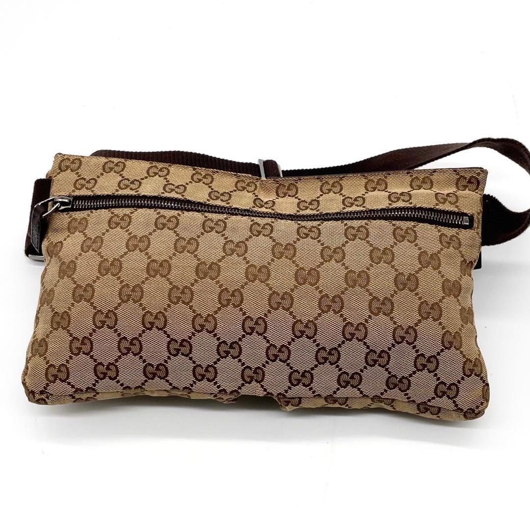 極美品✨グッチ ボディバッグ GG キャンバス レザー ウエストバッグ ブラウン