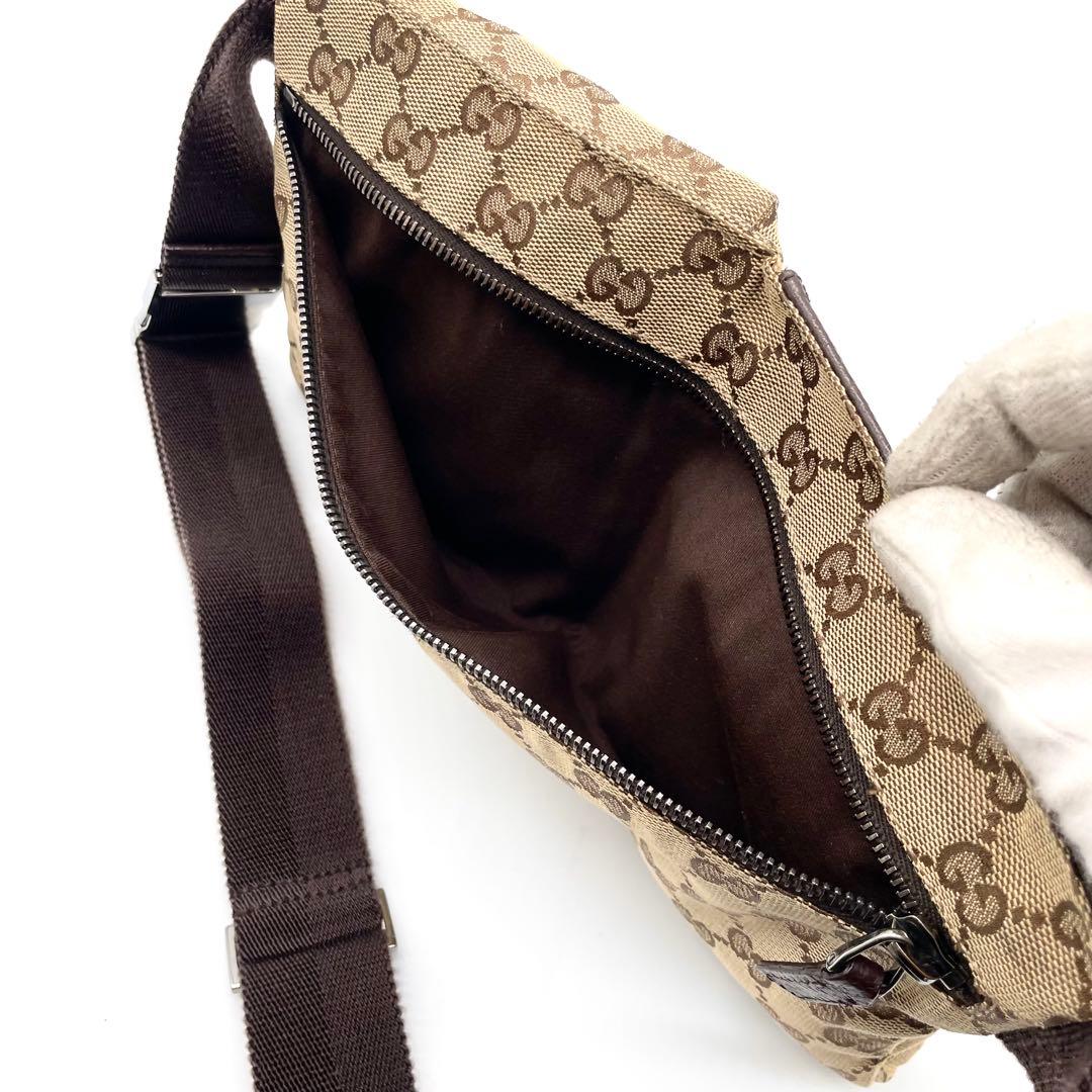 極美品✨グッチ ボディバッグ GG キャンバス レザー ウエストバッグ ブラウン