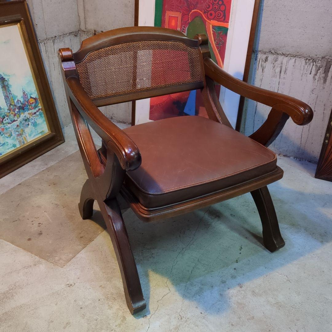 マルニ木工◆ビンテージ　ラタン　本革　ソファ　アーム　チェア 椅子 イス ④