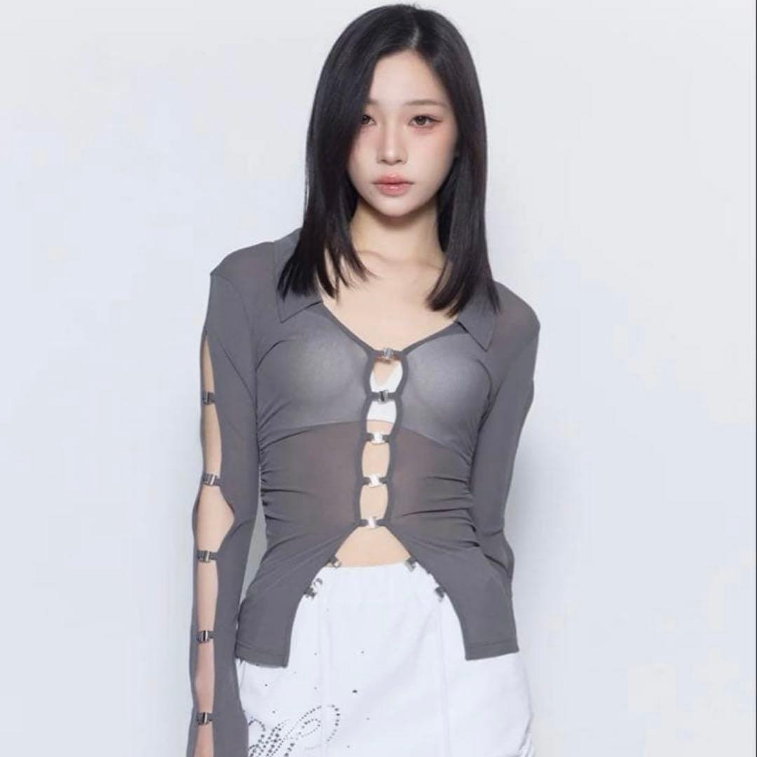 トップス theredthread sheer hook tops gray