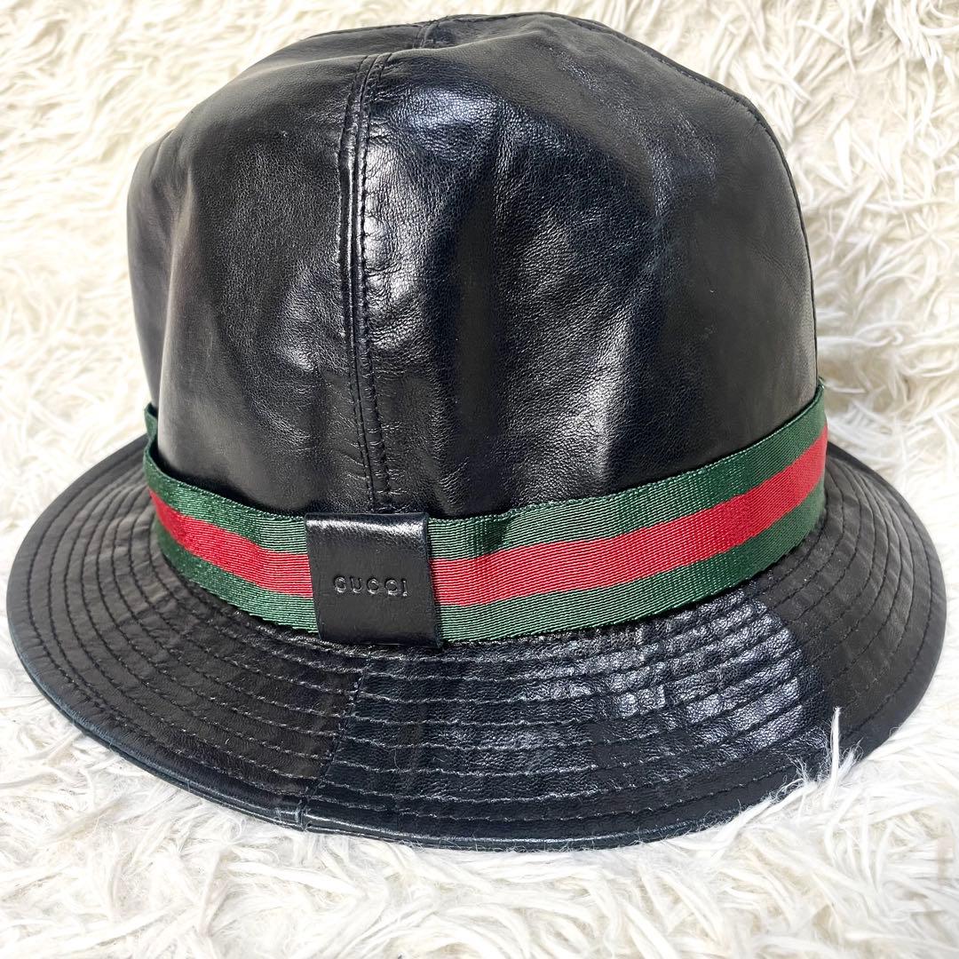 グッチ　GUCCI ハット　シェリーライン　レザー　ブラック　黒　メンズ