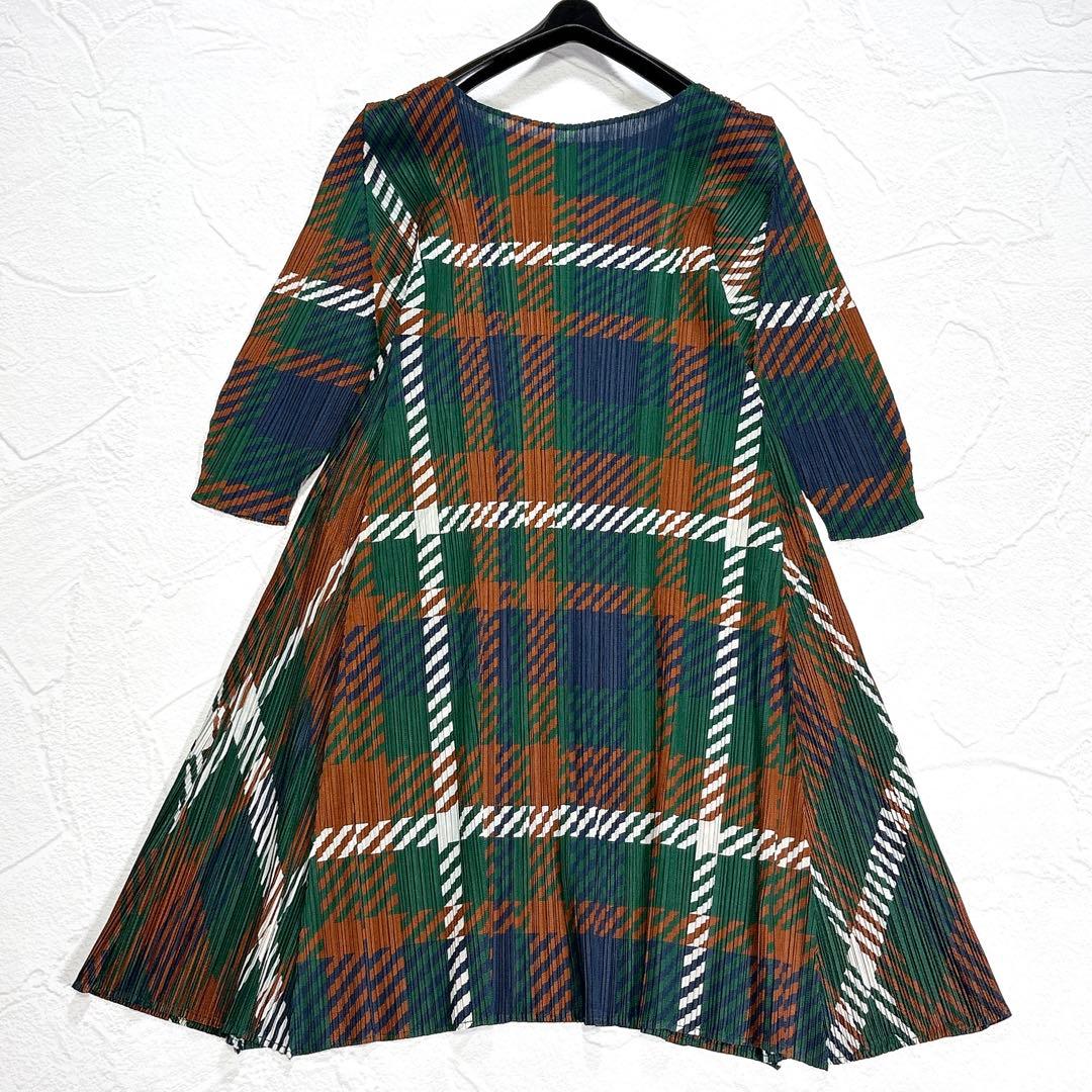 ✨美品✨プリーツプリーズ　ワンピース　チュニック　チェック　Aライン　七分袖