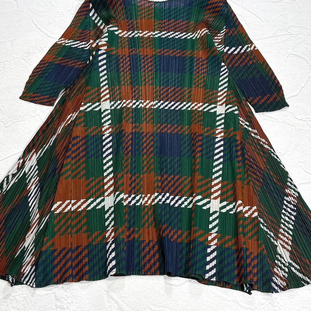 ✨美品✨プリーツプリーズ　ワンピース　チュニック　チェック　Aライン　七分袖