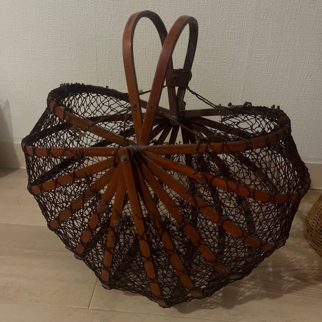 希少 vintage antiques 竹籠バック 竹網　折り畳みかごバッグ