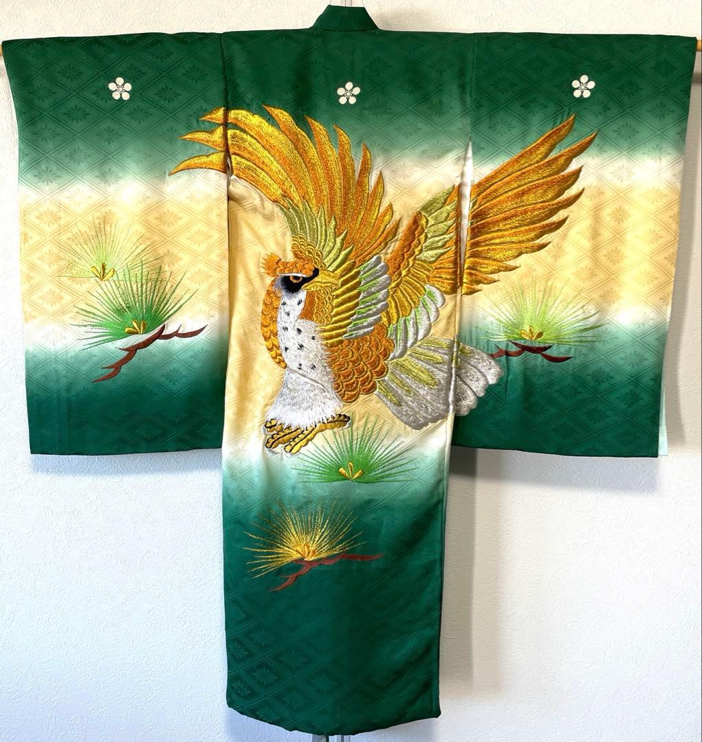 □男児正絹　お宮参り、祝着、産着　鷹総刺繍柄