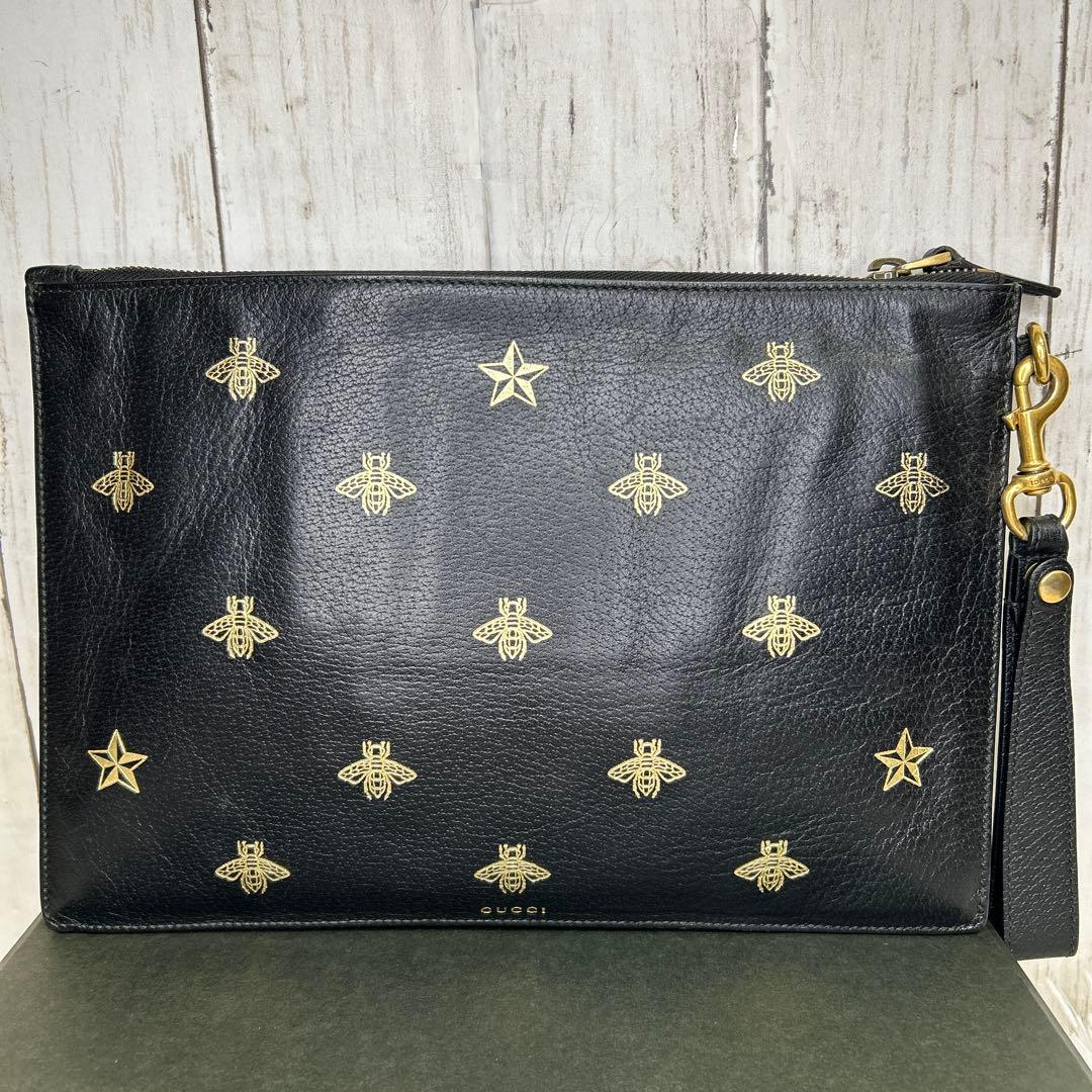 GUCCI セカンドバッグ　クラッチバッグ　ビー　ハチ　ロゴ　レザー　ブラック