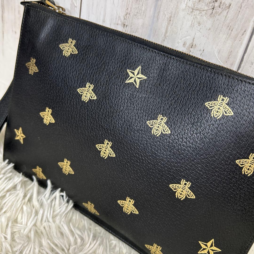 GUCCI セカンドバッグ　クラッチバッグ　ビー　ハチ　ロゴ　レザー　ブラック