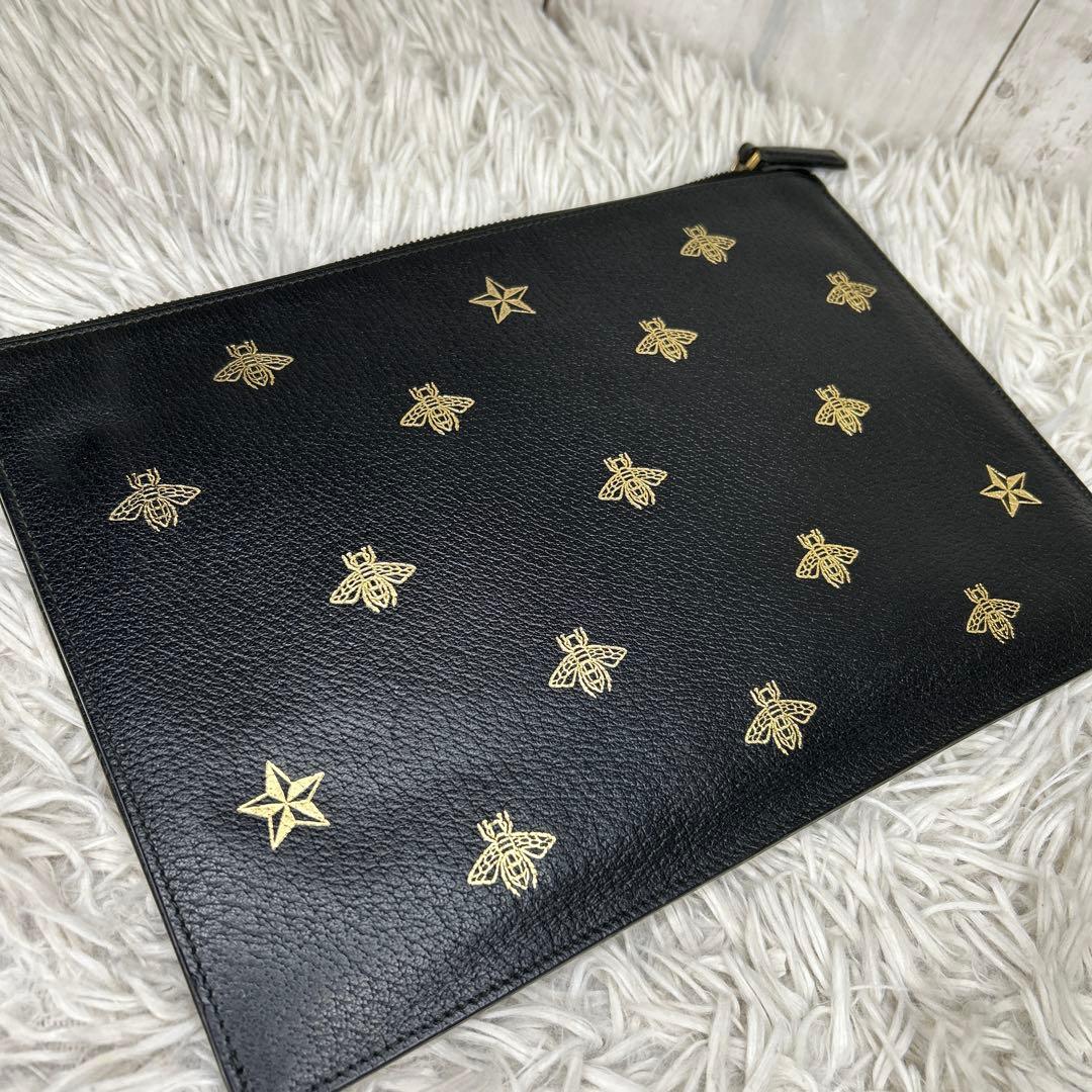 GUCCI セカンドバッグ　クラッチバッグ　ビー　ハチ　ロゴ　レザー　ブラック