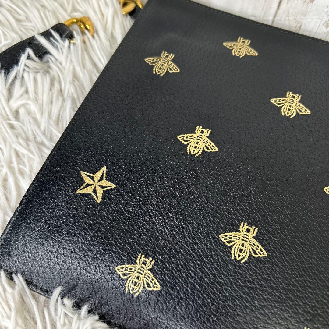 GUCCI セカンドバッグ　クラッチバッグ　ビー　ハチ　ロゴ　レザー　ブラック
