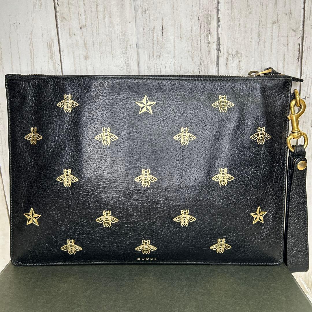 GUCCI セカンドバッグ　クラッチバッグ　ビー　ハチ　ロゴ　レザー　ブラック