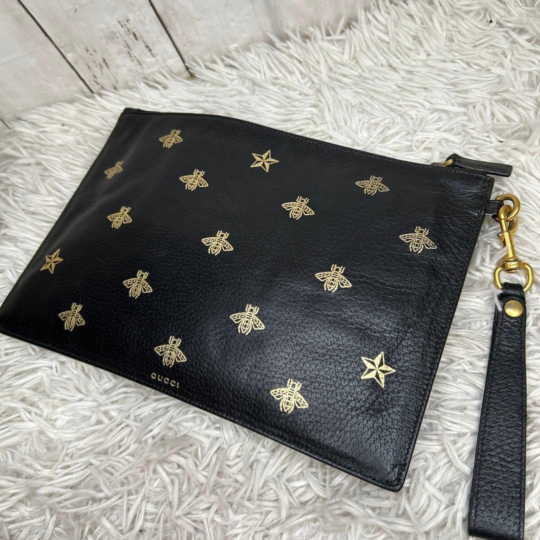 GUCCI セカンドバッグ　クラッチバッグ　ビー　ハチ　ロゴ　レザー　ブラック