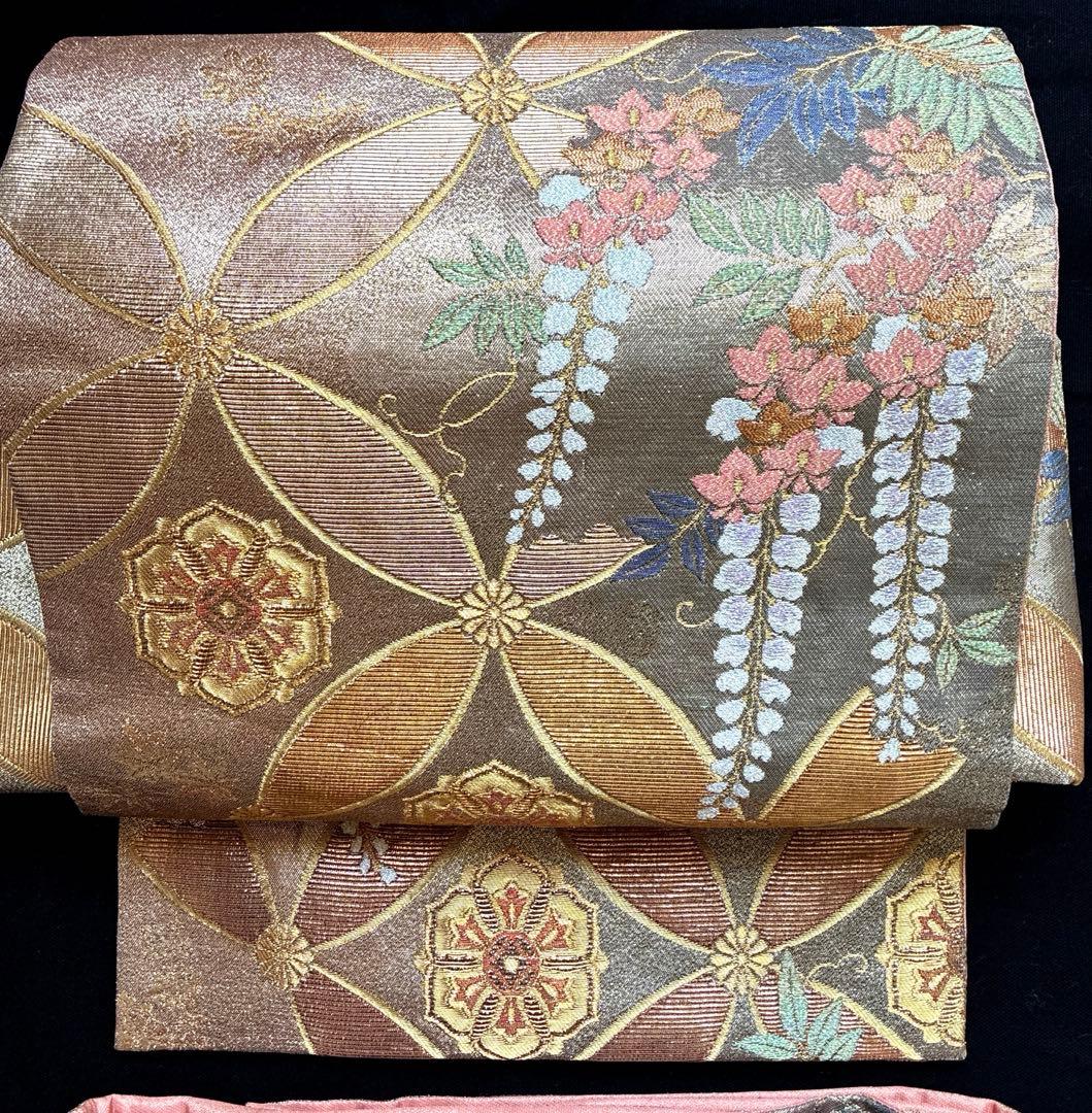 美品 藤の花 金 七宝紋様 正絹 袋帯 二重太鼓 作り帯