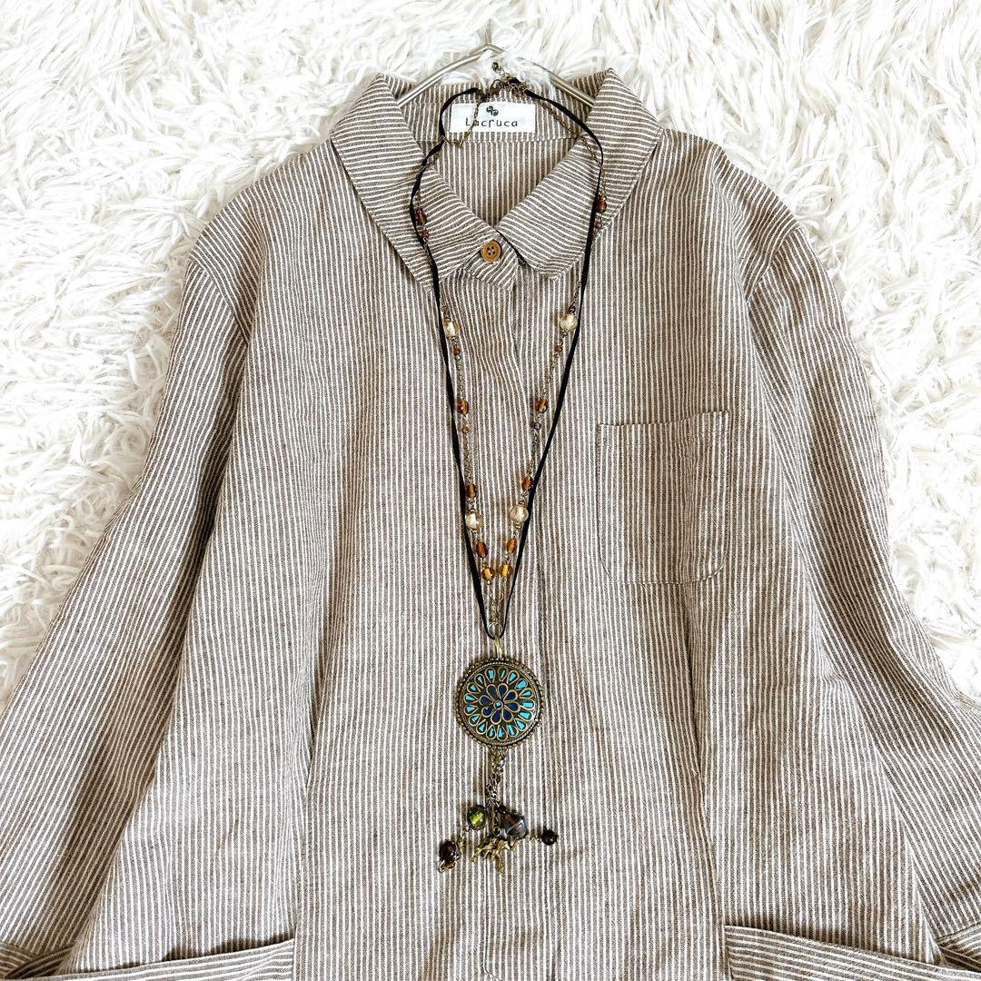 美品⁂センソユニコ⁂ロングシャツワンピース　ストライプ　リネン混　羽織　前開　L