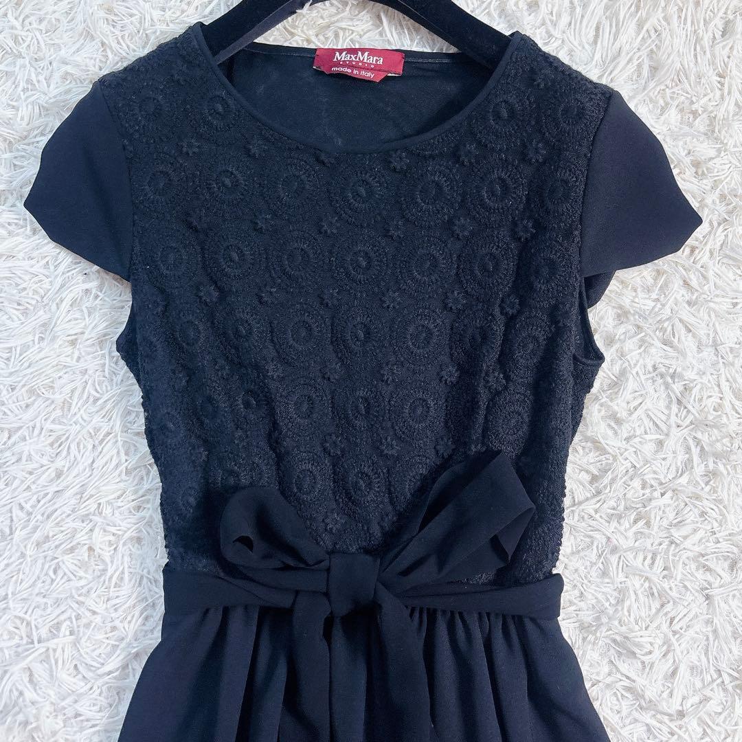 未使用級✨マックスマーラ 半袖 レースドッキングワンピース リボン 黒