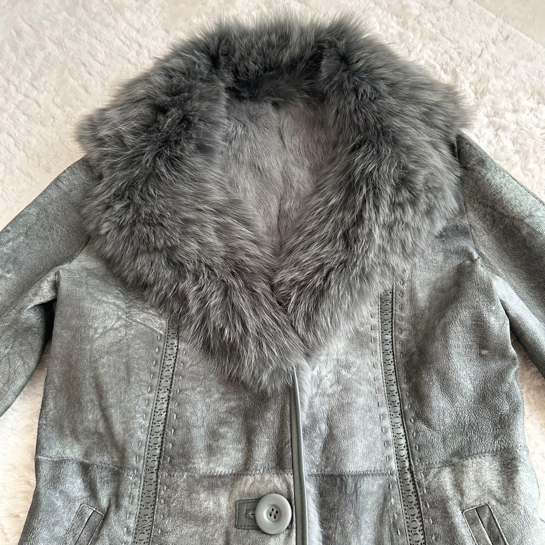 サンローズ　ラビットムートン×ブルーフォックスロングファーコート　毛皮L